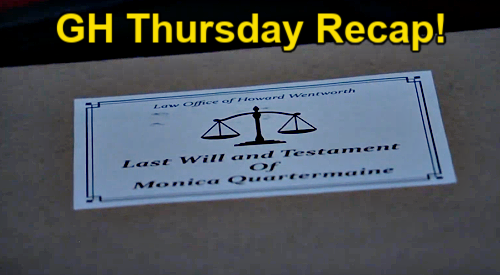 General Hospital Thursday, October 30 Recap: Monica’s Real Will in One of Tracy’s Boxes, Jason Trips Drew