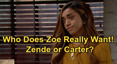 The Bold and the Beautiful Spoilers: Zoe Steamy Fashion Show & Song for Zende, Lovemaking for Carter – Who Does She Really Want?