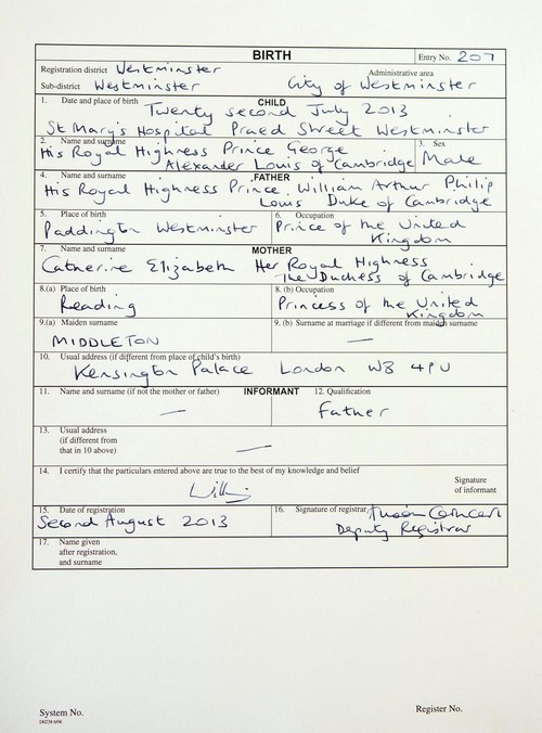 Kate Middleton Describes Her Job as "Princess of the United Kingdom" on Prince George's Birth Certificate