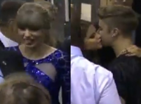 Taylor Swift Sticks Her Tongue Out In Disgust as Justin Bieber and Selena Gomez Kiss (VIDEO)
